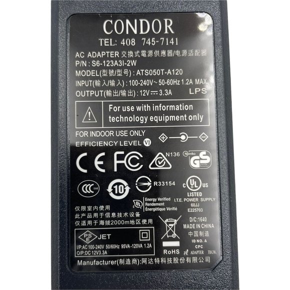 Genuine CONDOR ATS050T-A120 AC/DC Adapter Power Supply 12v 3.3A with Cord NIB - Picture 4 of 7